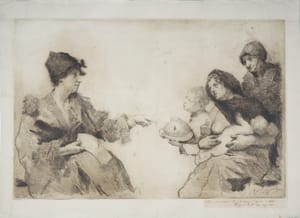 Ernesto  Bazzaro – Symbolic scene : A  woman assisting the family of a dead in war soldier – Etching